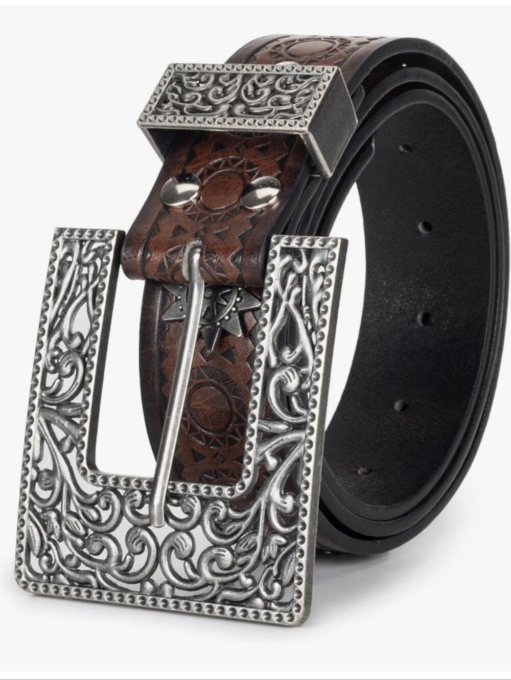 Women Brown Pu Leather Belt with Ornate Silver Buckle